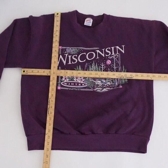 Vtg '90S Jerzees Wisconsin Winter Puff Print Purple Cotton Crew Neck Sweater XL - Picture 3 of 9